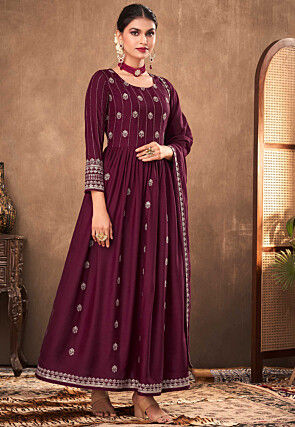 Embroidered Rayon Abaya Style Suit in Wine