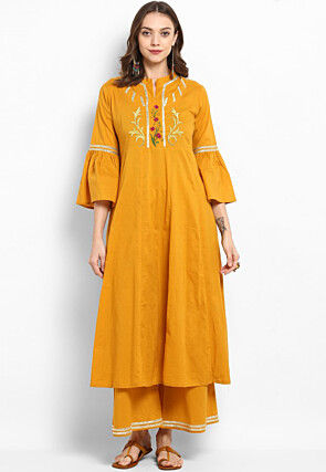 Embroidered Rayon Aline Kurta Set in Mustard