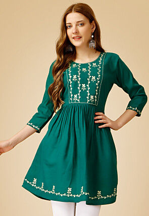 Embroidered Rayon Aline Kurti in Teal Green