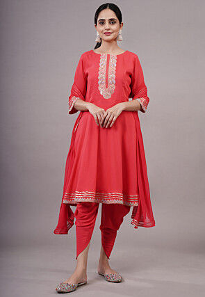 Embroidered Rayon Aline Suit in Coral Red