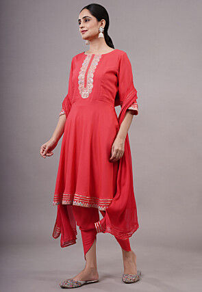 Embroidered Rayon Aline Suit in Coral Red