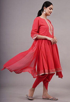 Embroidered Rayon Aline Suit in Coral Red