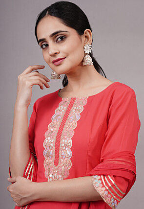 Embroidered Rayon Aline Suit in Coral Red