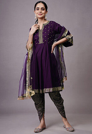 Embroidered Rayon Aline Suit in Dark Purple