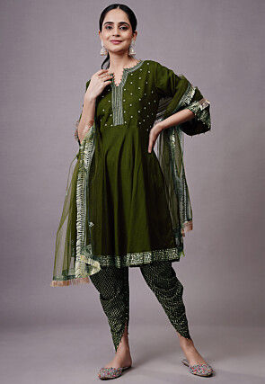 Embroidered Rayon Aline Suit in Green