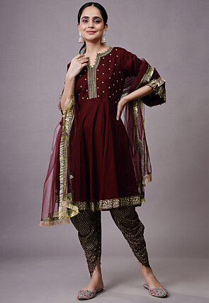Embroidered Rayon Aline Suit in Maroon