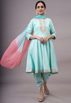 Embroidered Rayon Aline Suit in Sky Blue