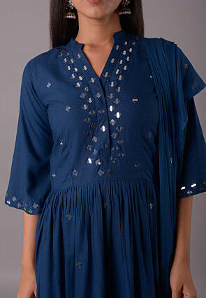Embroidered Rayon Aline Suit in Teal Blue