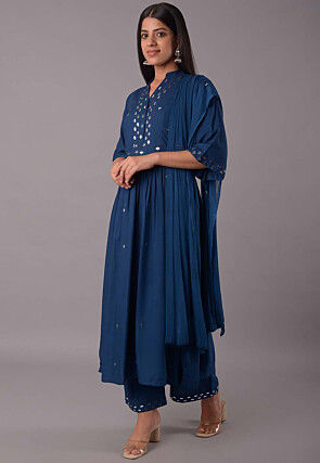 Embroidered Rayon Aline Suit in Teal Blue