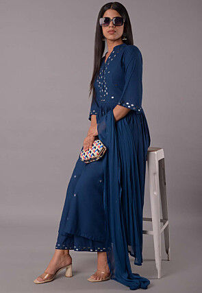 Embroidered Rayon Aline Suit in Teal Blue