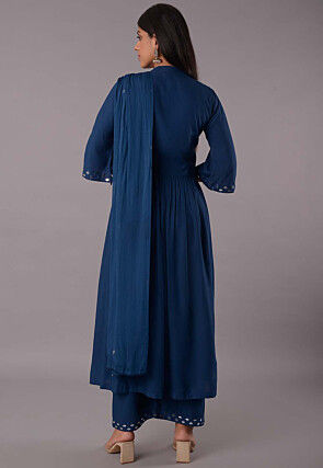 Embroidered Rayon Aline Suit in Teal Blue