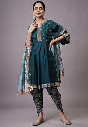 Embroidered Rayon Aline Suit in Teal Blue