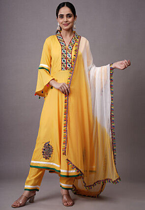 Embroidered Rayon Aline Suit in Yellow
