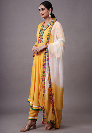Embroidered Rayon Aline Suit in Yellow