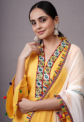 Embroidered Rayon Aline Suit in Yellow