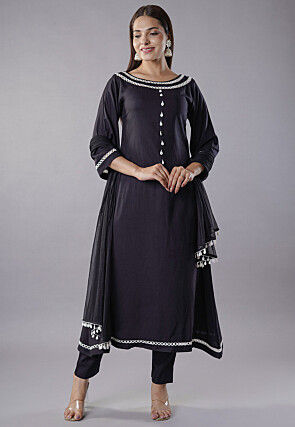 Embroidered Rayon Anarkali Suit in Black