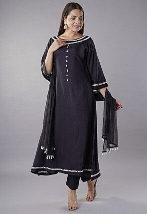 Embroidered Rayon Anarkali Suit in Black