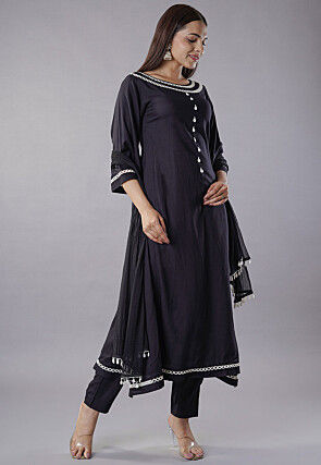 Embroidered Rayon Anarkali Suit in Black