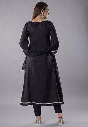 Embroidered Rayon Anarkali Suit in Black