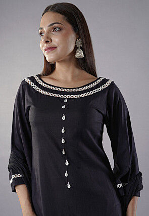 Embroidered Rayon Anarkali Suit in Black