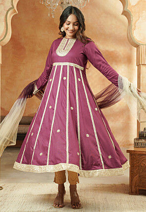 Embroidered Rayon Anarkali Suit in Dark Magenta
