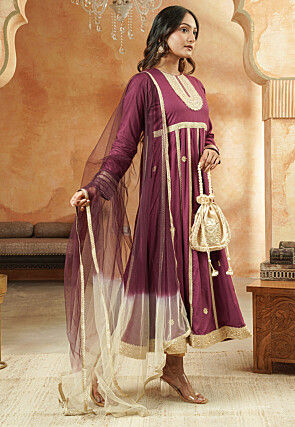 Embroidered Rayon Anarkali Suit in Dark Magenta