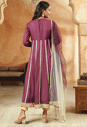 Embroidered Rayon Anarkali Suit in Dark Magenta