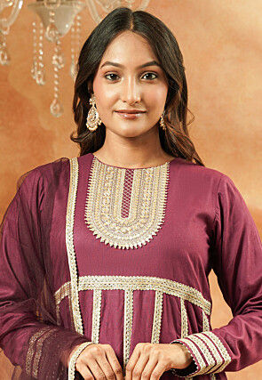 Embroidered Rayon Anarkali Suit in Dark Magenta