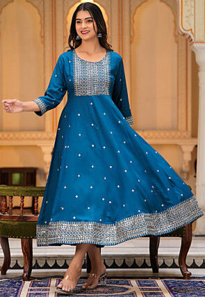 Embroidered Rayon Anarkali Suit in Dark Teal Blue