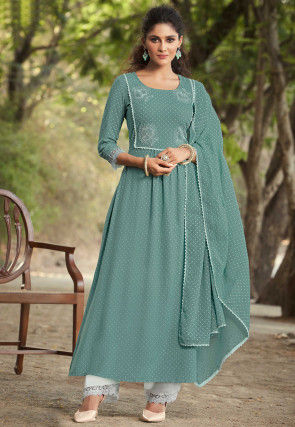 Embroidered Rayon Anarkali Suit in Dusty Blue