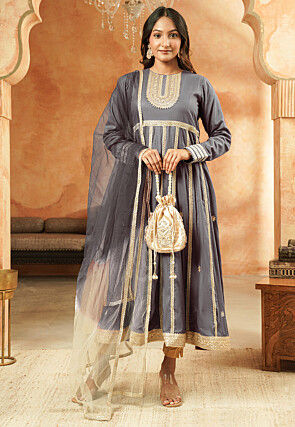 Embroidered Rayon Anarkali Suit in Grey