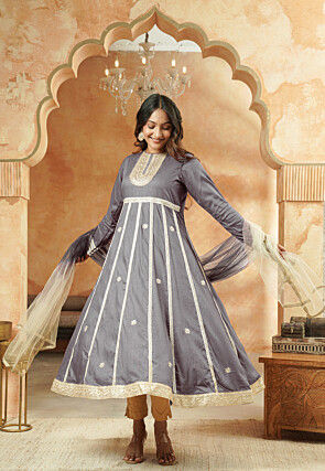 Embroidered Rayon Anarkali Suit in Grey