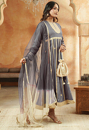 Embroidered Rayon Anarkali Suit in Grey