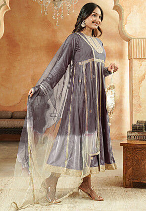 Embroidered Rayon Anarkali Suit in Grey