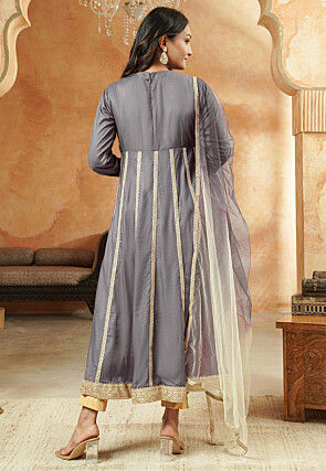 Embroidered Rayon Anarkali Suit in Grey