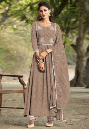 Embroidered Rayon Anarkali Suit in Light Brown