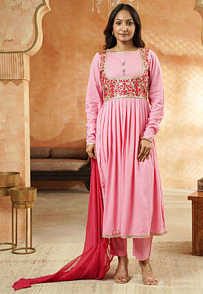Embroidered Rayon Anarkali Suit in Light Pink