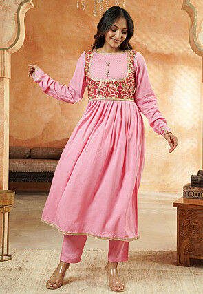 Embroidered Rayon Anarkali Suit in Light Pink