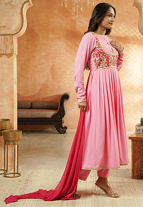 Embroidered Rayon Anarkali Suit in Light Pink