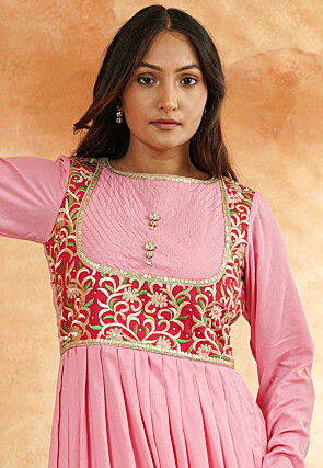 Embroidered Rayon Anarkali Suit in Light Pink