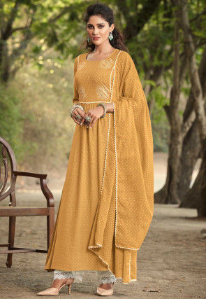 Embroidered Rayon Anarkali Suit in Mustard