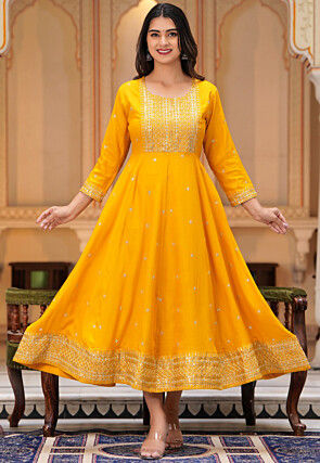 Embroidered Rayon Anarkali Suit in Mustard