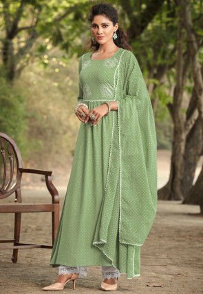 Embroidered Rayon Anarkali Suit in Pastel Green