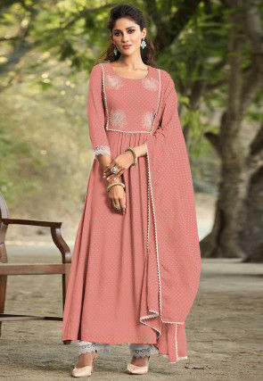 Embroidered Rayon Anarkali Suit in Peach