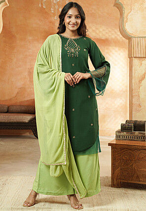 Embroidered Rayon and Net Pakistani Suit in Dark Green