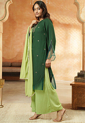 Embroidered Rayon and Net Pakistani Suit in Dark Green