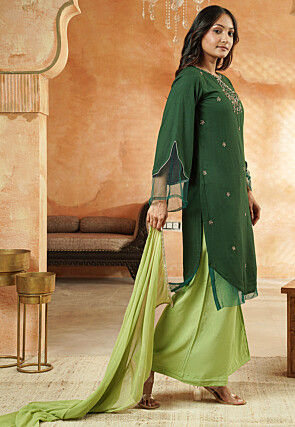 Embroidered Rayon and Net Pakistani Suit in Dark Green