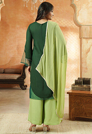 Embroidered Rayon and Net Pakistani Suit in Dark Green