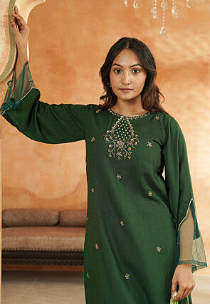 Embroidered Rayon and Net Pakistani Suit in Dark Green