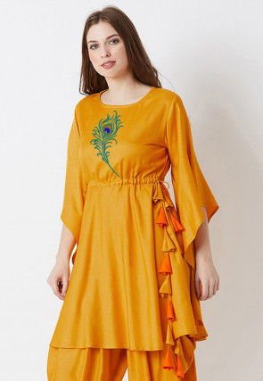 Embroidered Rayon Cinched Waist A Line Kurta in Mustard